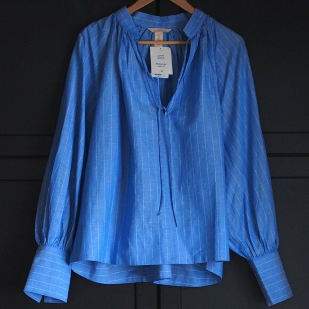 🌷H&M | NWT Balloon-sleeved Striped Poet's Blouse in Cotton/Linen Blend